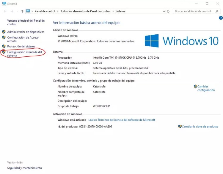 Configuración avanzada del sistema en Windows 10 para solucionar disco al 100%