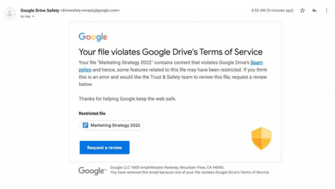 Un ejemplo de correo electrónico que se envía a los usuarios cuando el contenido infringe las políticas de Drive.